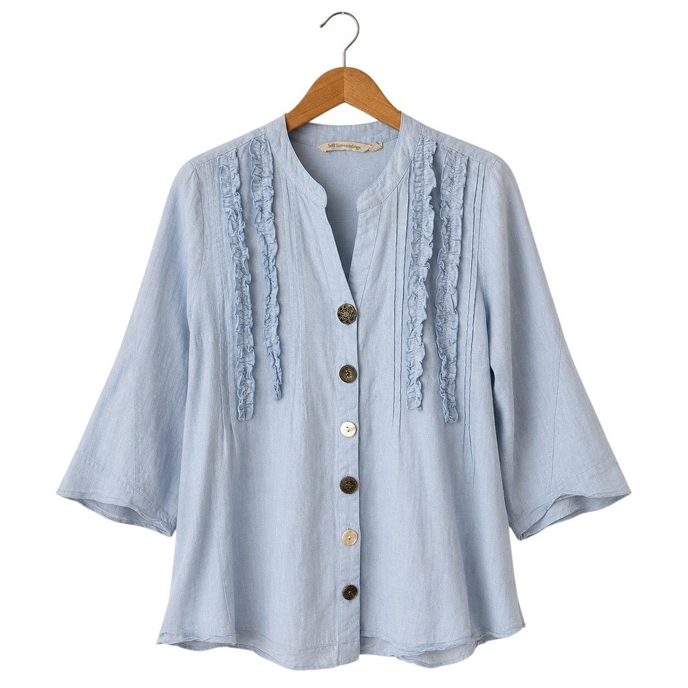 Soft Surroundings Shirt Women XL Petite Blue Ruffle Linen Blend Button Down Boho